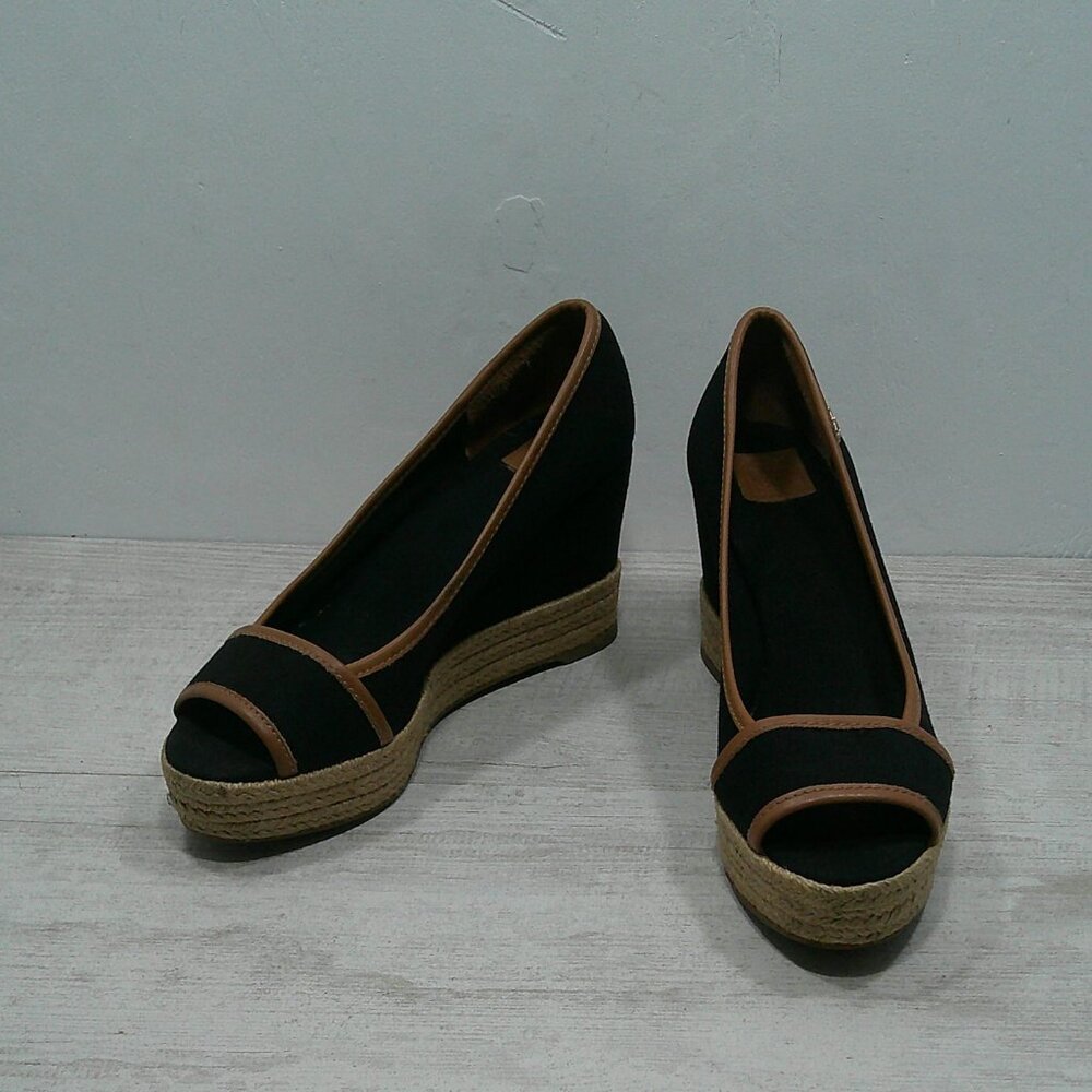 Tory Burch Majorca Peep Toe Wedge Canvas Black Tan Espadrille SZ 38.5 | 8.5 M - Picture 2 of 12